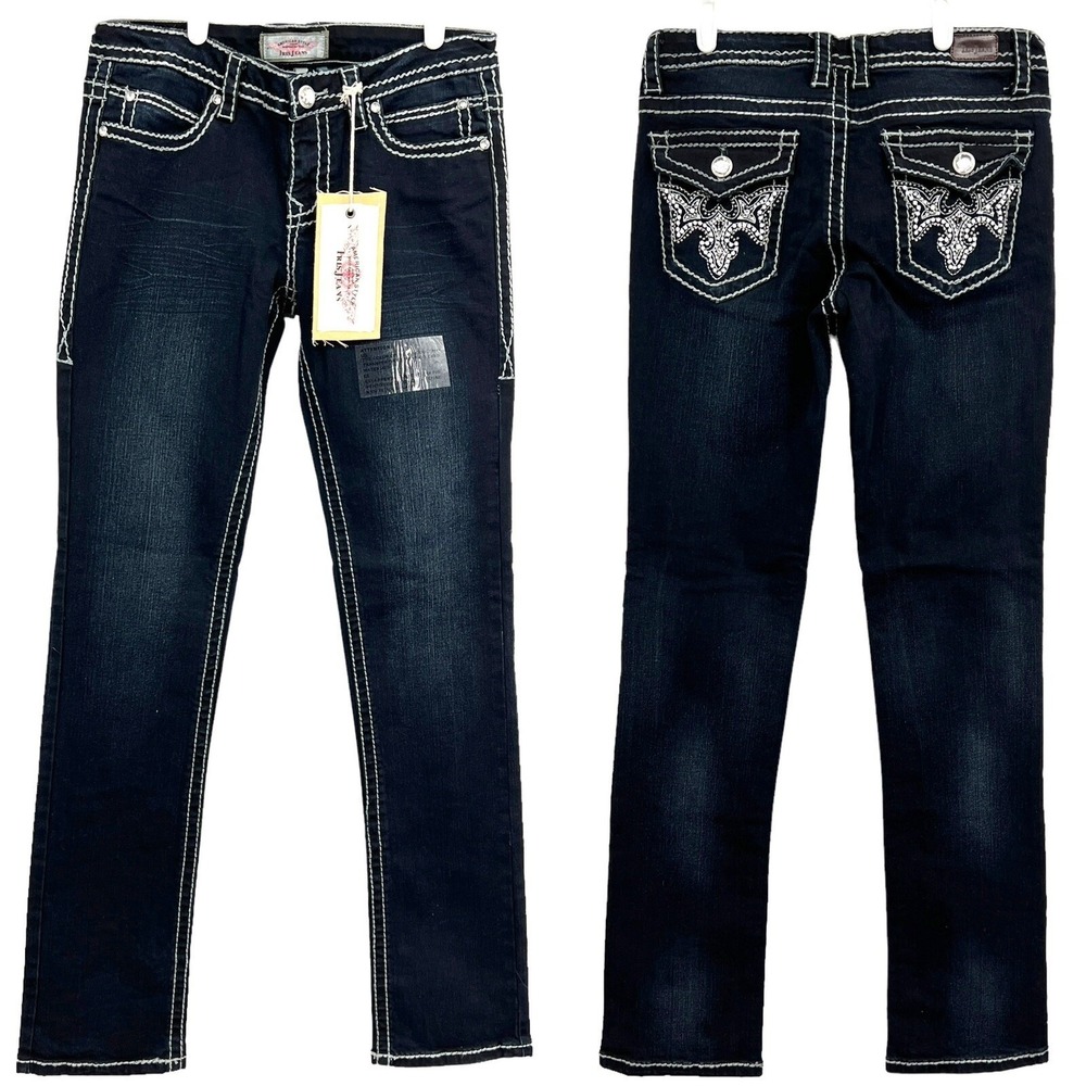 Iris Jeans Women's Navy Straight‎ Leg Jeans Size 5 Embellished Flap Pockets NWT